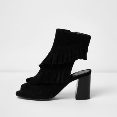 Black suede frill peep toe ankle boot